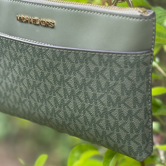 Michael Kors Olive Green Monogram Wristlet Crossbody